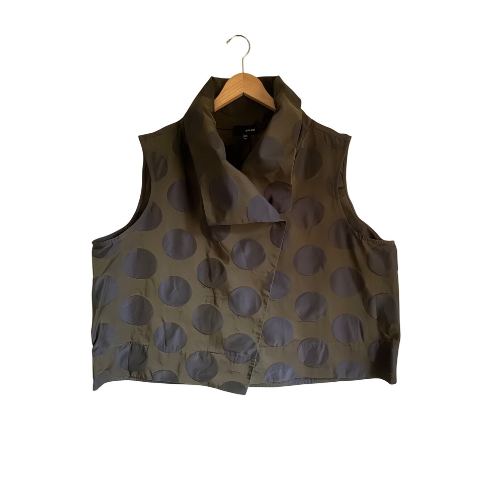 Sun Kim Comfy USA Polka Dot Wire Collar Vest Olive Green Plus Size 1X Lagenlook